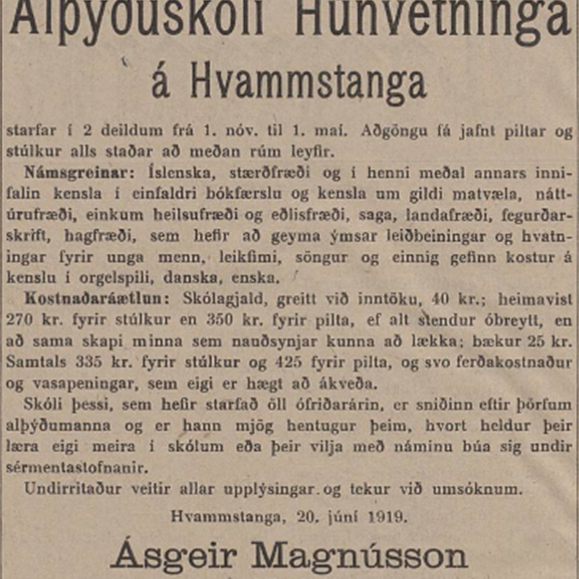 Auglýsing alþýðuskólans sem birtist í Tímanum 2. júlí árið 1919.