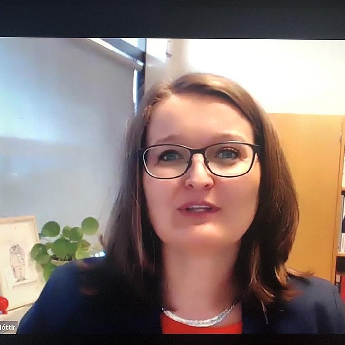 Unnur Valborg á enn einum ZOOM-fundinum. AÐSEND MYND