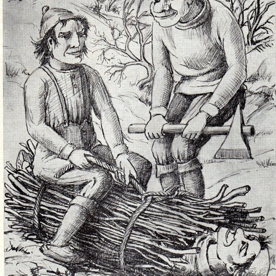 Bakkabræður búa sig undir að velta niður hrískestinum. Mynd: Byggðasaga Skagafj.