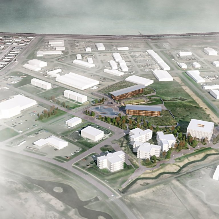 Hugmynd að byggingu þekkingargarða á Sauðárkróki. Lituðu húsin á miðri mynd væru þá umtalaðir þekkingargarðar. KYNNINGAMYND