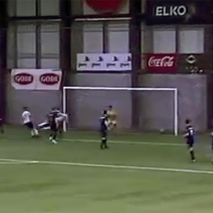 Bjarki skorar – hann er hvíta lárétta línan sem sker fjærstöngina á myndinni. SKJÁSKOT