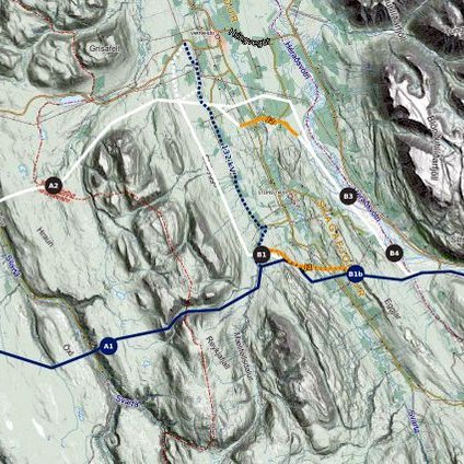 Hér sést hvar Landsnet gerir ráð fyrir lýrri leið Blöndulínu 3, svokallaða Kiðaskarðsleið. Kort af landsnet.is.