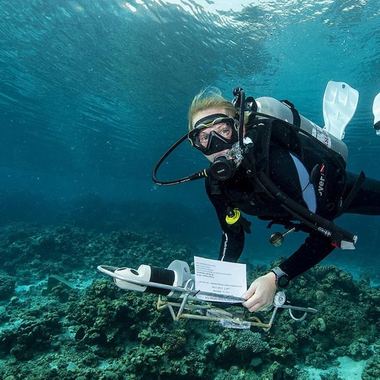 Herdís kemur fyrir straummæli í kóralrifi en hún starfar og býr um þessar mundir í Eilat í Ísrael. MYND AÐSEND