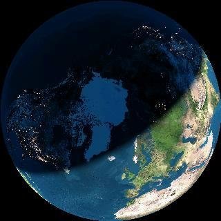 Horft beint ofan á Norðurpólinn: Dagur og nótt á jörðinni núna, 21. desember 2020, kl. 11:34. Mynd:vedur.is.