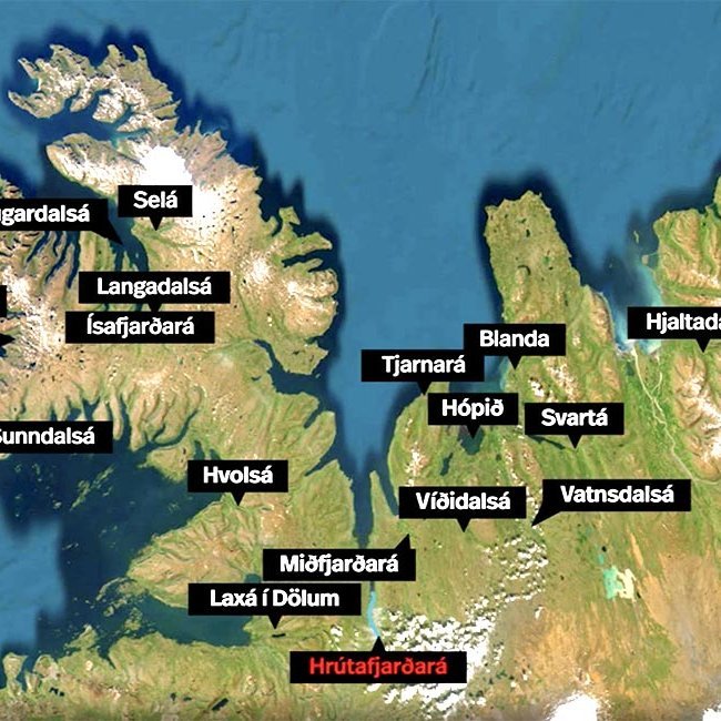 Skjáskot af korti sem Sjónvarpið birti í fréttatíma í gærkvöldi sem sýnir þær ár sem staðfest er að eldislax hafi fundist í síðustu vikur.