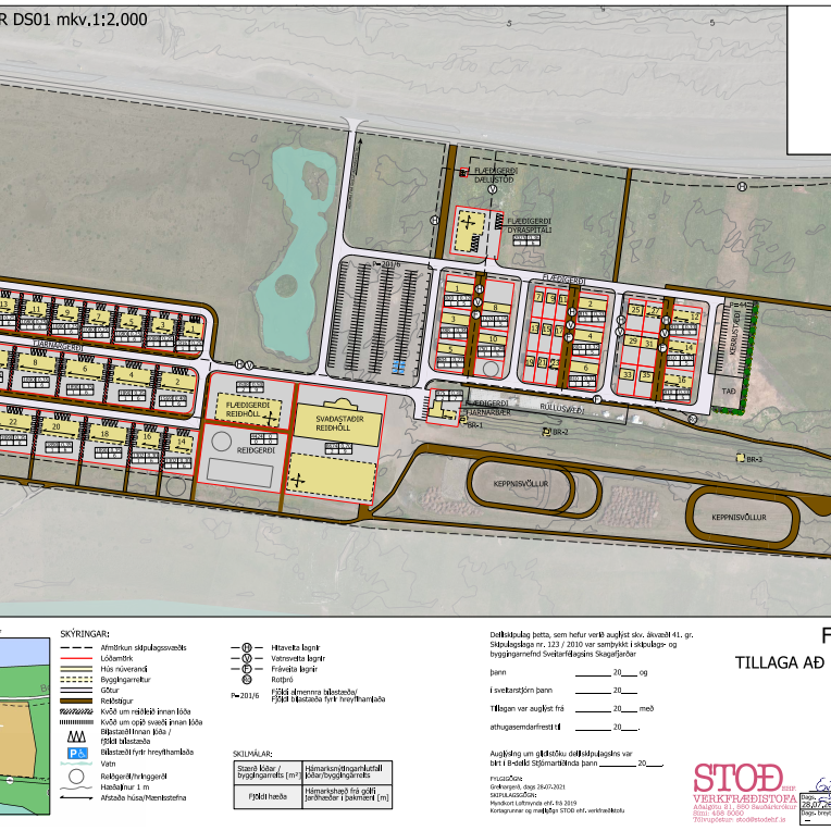 Eins og sjá má á teikningunni er meginhluti nýrra lóða vestnorðvestur af Reiðhöllinni Svaðastöðum eða á milli hallarinnar og Sauðárkróks – semsagt vinstra megin á myndinni). MYND AF SKAGAFJÖRÐUR.IS