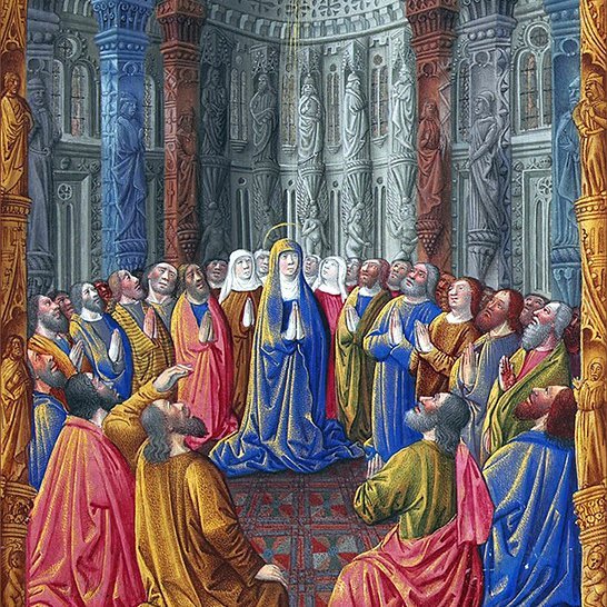 Niðurför heilags anda á handritalýsingu frá 15. öld. Mynd tekin af WikiPedia.