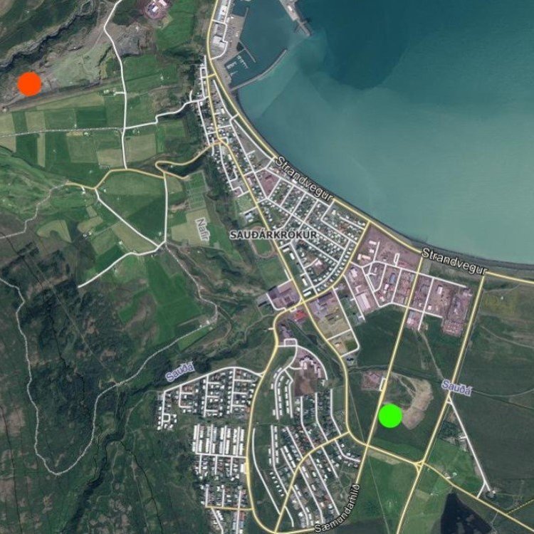Grænn punktur - jarðvegur, gras/hey og smærri greinar
Rauður punktur - Stærri greinar, tré og steypuafgangar, hellur, flísar