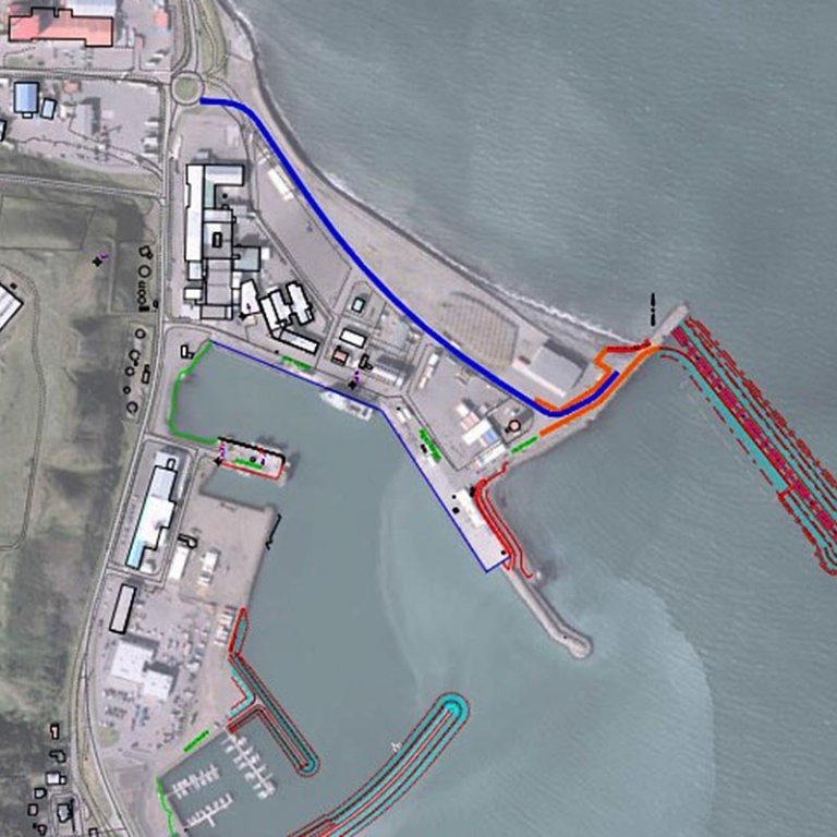 Teikning af hafnarsvæðinu og rauðmerkt er arhafnasvæðið. MYND AF SÍÐU SKAGAFJARÐARHAFNA