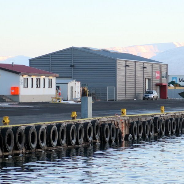 Mynd tekin í Sauðárkrókshöfn 7. janúar 2022 klukkan 13:50. Dekkin á hafnargarðinum eru einn metri í þvermál og ekki margir sentímetrar eftir upp á garðinn. Mynd: Hörður Ingimarsson.