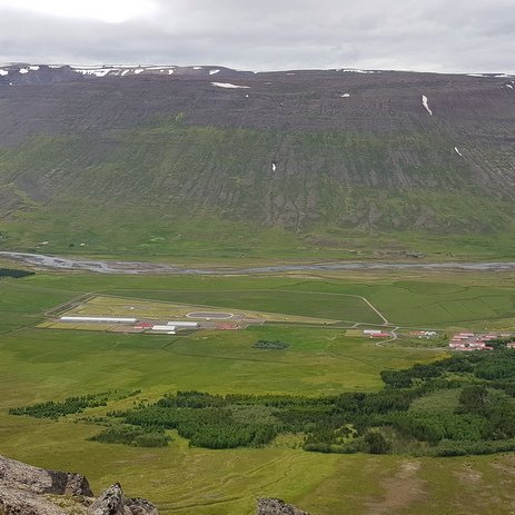 Séð yfir Hólastað. Húsnæði Hólalax er lengst til vinstri á myndinni. Mynd:PF.