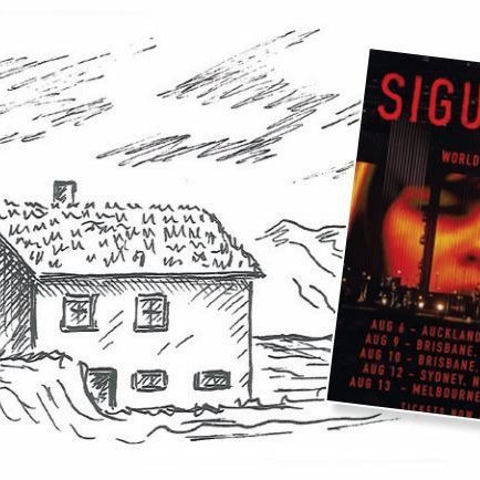 Hver skyldu tengslin vera á milli gamalla húsatófta norður í Skagafirði og heimsfrægrar hljómsveitar sem milljónir elska og dá? Kannski langsótt en þó ekki. Myndin er samsett af teikningu Björns Björnssonar af húsinu í Hvammsbrekku, sem birtist í Byggðasögu Skagafjarðar, og auglýsingaplakati af heimstúr Sigur Rósar í sumar.