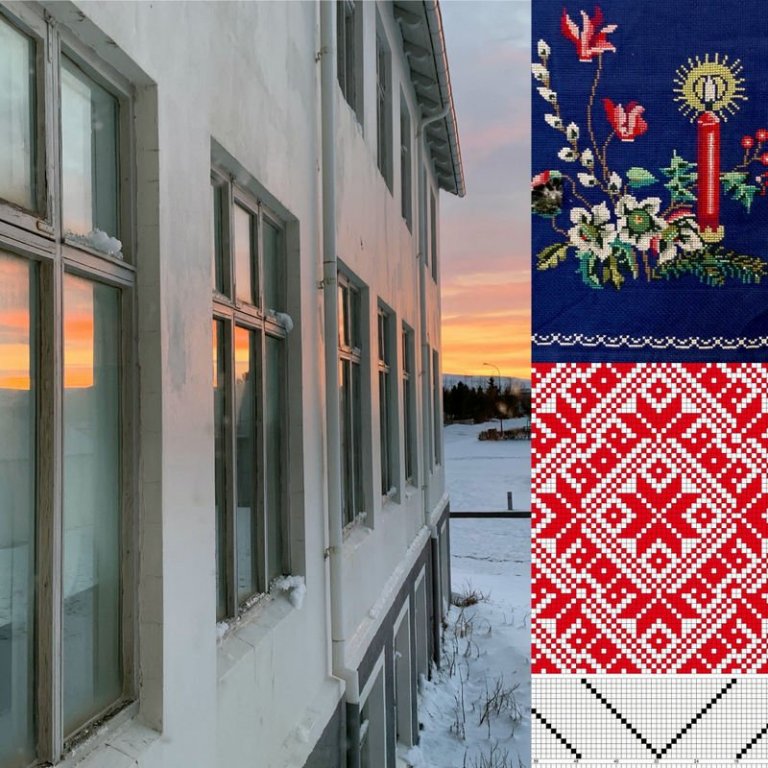 Kvennaskólinn á Blönduósi; blár jóladúkur úr safni Heimilisiðnaðarsafnsins; vefnaðarmunstur af átta blaða rósinni eftir Solveigu Arnórsdóttur úr gagnasafni Textílmiðstöðvarinnar. Aðsend mynd.