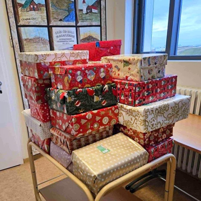 Skókassarnir góðu innpakkaðir og klárir fyrir ferðalagið til Úkraínu. MYND AF VEF GAB