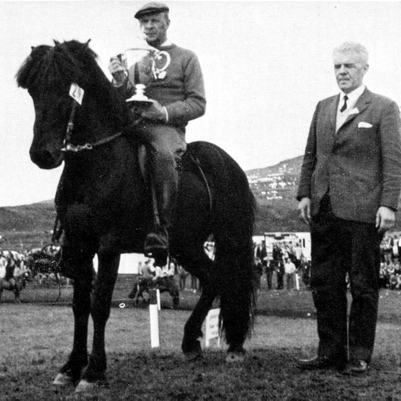 Vinnandi Faxabikarsins á landsmótinu 1970, Sörli frá Sauðárkróki nr. 653, knapi er Þorsteinn Jónsson tamningamaður á Akureyri. Örn Johnson forstj. FÍ stendur hjá. Ljm. úr safni SÍH, MÓG.