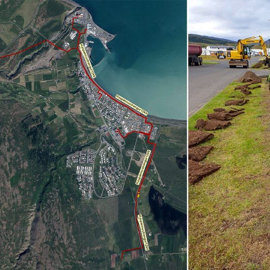 Yfirlitskort sem sýnir hvar settir verða niður nýir jarðstrengir til að styrkja bæjarkerfið á Sauðárkróki og ljósmynd af nýlegri jarðstrengslögn frá aðveitustöðinni að gatnamótum við Borgargerði. Mynd af rarik.is.
