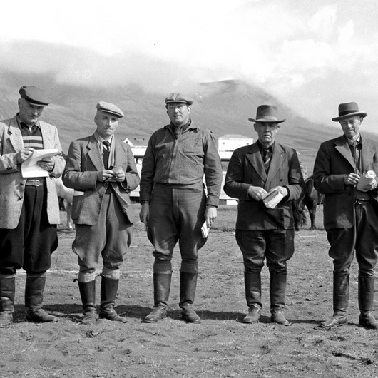 Dómnefnd kynbótahrossa á landsmóti hestamanna á Þveráreyrum í Eyjafirði 1954. Frá vinstri talið: Bogi Eggertsson, Símon Teitsson, Gunnar Bjarnason hrossaræktarráðunautur, Jón Jónsson á Hofi á Höfðaströnd og Jón Pálsson. Ljsm.: Vigfús Sigurgeirsson.