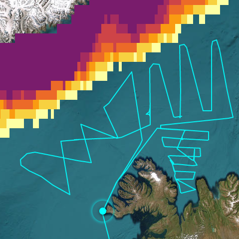 Leiðarlínur Árna Friðrikssonar 12.-21. febrúar ásamt dreifingu hafíss norðvestan við Ísland. MYND AF VEF HAFRÓ