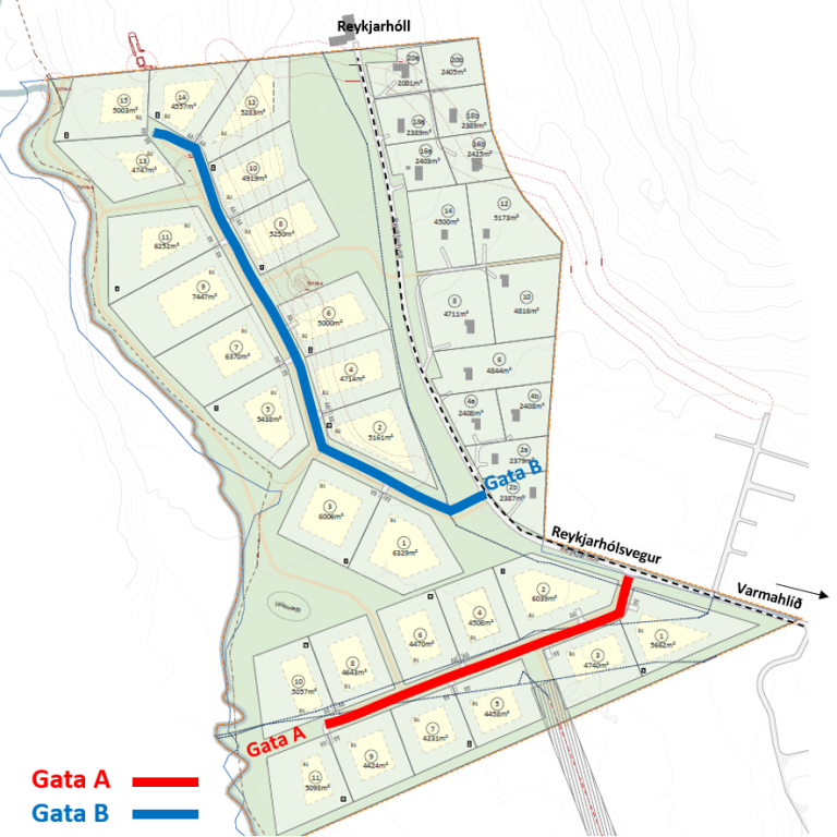 Það vantar nöfn á götur A og B. Ert þú með góðaar hugmyndir?