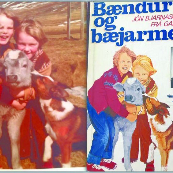 Myndin sem bókarkápan á bók afa Ingu Heiðu er máluð eftir. Inga Heiða er hér (t.h.)ásamt frænku sinni, Sigríði Íris Hallgrímsdóttur, sem einnig er barnabarn Jóns. Þær eru hér í góðum félagsskap með hundinum Sámi og ónafngreindri krúttlegri kvígu. Aðsendar myndir.