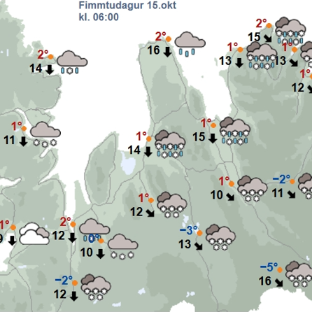 Spákort kl:6 á fimmtudaginn. Mynd: vedur.is
