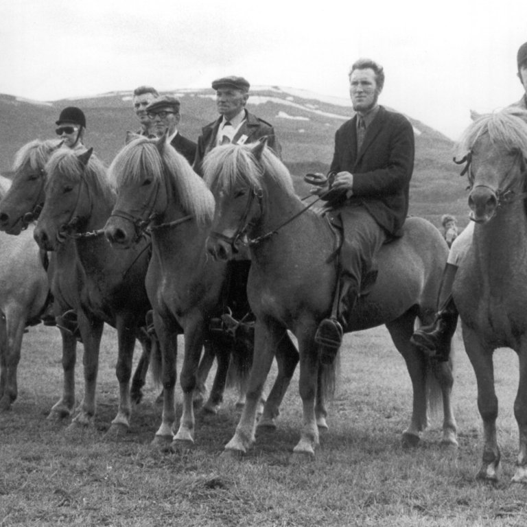 Rauður 618 ásamt afkvæmum. Eigandinn Halldór Sigurðsson situr Rauð lengst til hægri.. Mynd: Aðsend.