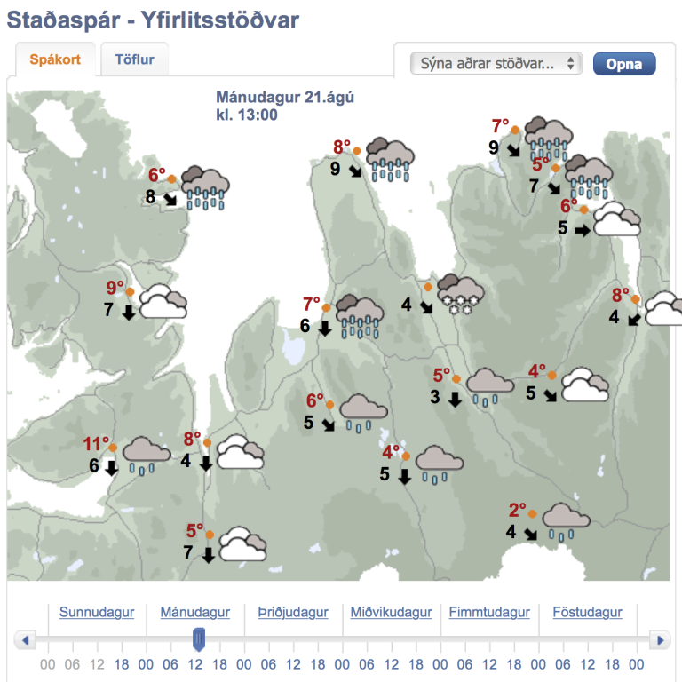 Skjáskot af veðurspá morgundagsins. Það er ósennilegt að þetta gangi eftir.