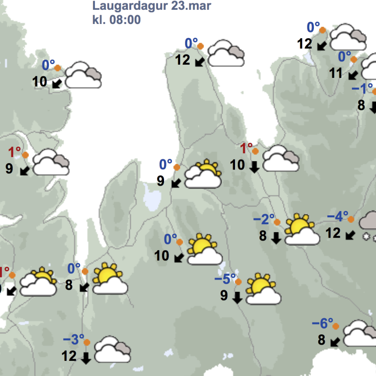 Svona ætti veðrið að vera samkvæmt spá Veðurstofunnar kl. 8 í fyrramálið. SKJÁSKOT