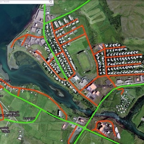 Kort sem sýnir umferðarhraða á götum Blönduósbæjar. á götum sem merktar eru rauðar er nú hámarkshraðinn 35 km/klst. Mynd: Skjáskot af vef Blönduósbæjar.