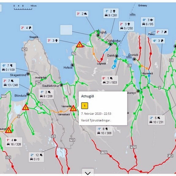 Skjáskot af vef Vegagerðarinnar. Hættumerkin á þjóðvegi 1 tákna tjörublæðingu. Mynd: vegagerdin.is