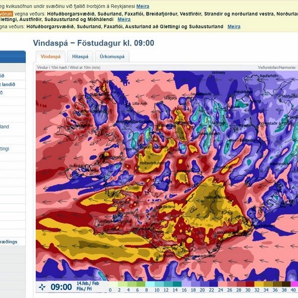 Skjáskot af Veðurstofunnar. Vindaspá klukkan 9 í fyrramálið.