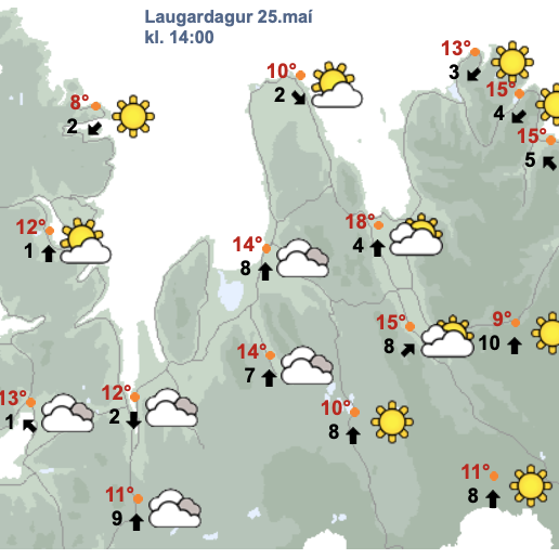 Veðurspáin fyrir laugardaginn eins og hún var um kl. 15 í dag – fimmtudaginn 23. maí 2024. SKJÁSKOT