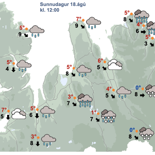 Svona er spáin fyrir sunnudaginn en þá er gert ráð fyrir snjókomu á Öxnadalsheiði um hádegi. SKJÁSKOT AF VEÐUR.IS