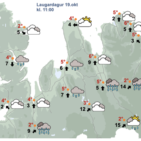 Veðurspá Veðurstofunnar kl. 12 á hádegi á morgun, laugardag. SKJÁSKOT