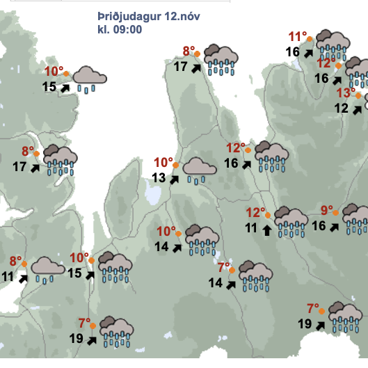 Svona er Spáin kl. 9 í fyrramálið. SKJÁSKOT AF VEF VEÐURSTOFUNNAR