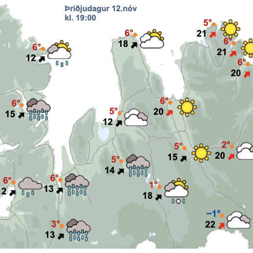 Skjáskot af spánni kl. 19 í kvöld. VEÐURSTOFAN