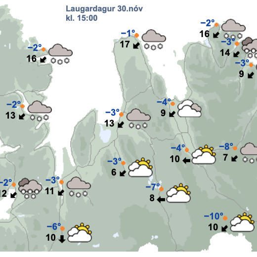 Hér sést spá Veðurstofunnar fyrir kl. 15:00 á morgun, laugardaginn 30. nóvember. SKJÁSKOT