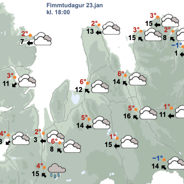 Veðurspáin seinni partinn í dag. Gert er ráð fyrir suðaustan átt en eins og alkunna er þá nær austanáttin sér sjaldan upp á Sauðárkróki en getur verið strembin austan við skagana. SKJÁSKOT AF VEÐUR.IS
