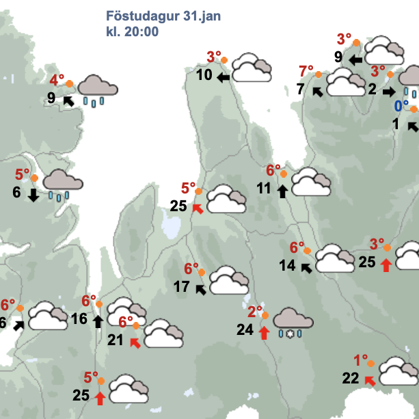 Veðurspáin fyrir Norðurland vestra kl. 20 í kvöld. SKJÁSKOT