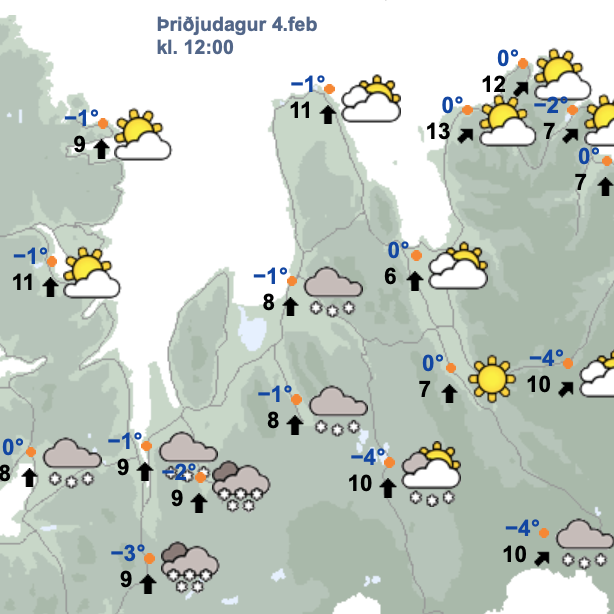Veðrið nú um hádegi í dag. Það hvessir og hlýnar á morgun og má reikna með vonskuveðri fram á fimmtudag. SKJÁSKOT AF VEÐUR.IS