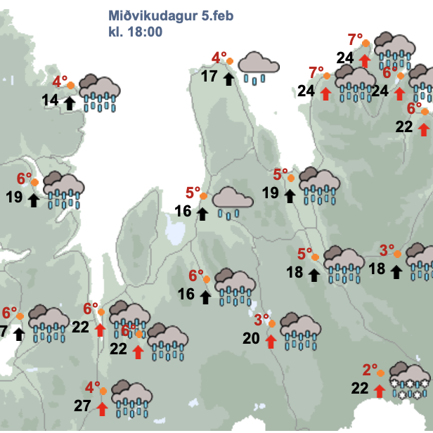 Svona er spáin fyrir Norðurland vestra og Strandir kl. 18 í dag. SKJÁSKOT AF VEÐUR.IS