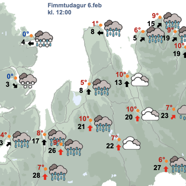 Veðrið um hádegi í dag samkvæmt spá Veðurstofunnar. SKJÁSKOT