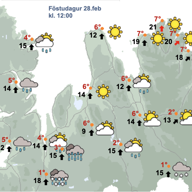Hér spá Veðurstofunnar fyrir Strandir og Norðurland vestra kl. 12 á hádegi á morgun, föstudaginn 28. febrúar. SKJÁSKOT