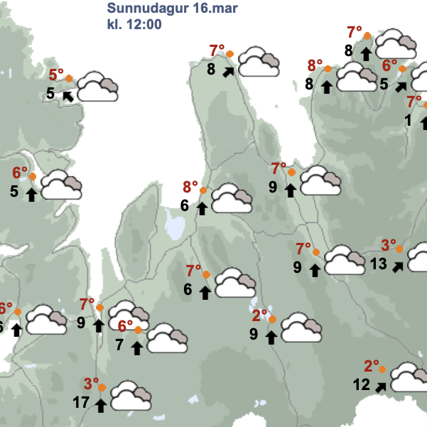 Veðurspáin fyrir hádegi á morgun, sunnudaginn 15. mars. SKJÁSKOT