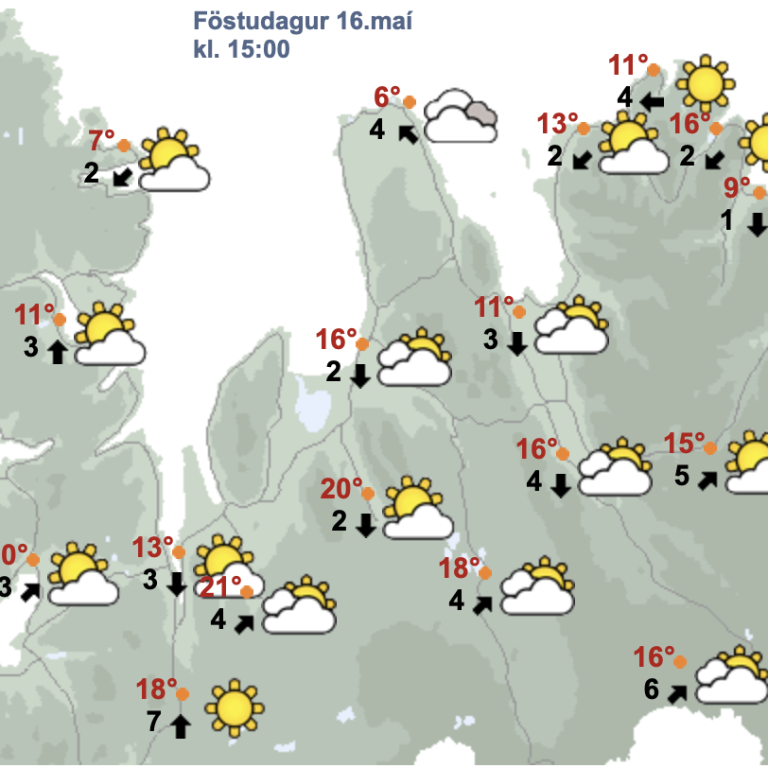 Kort Veðurstofu Íslands af veðrinu á Ströndum og Norðurlandi vestra klukkan 15 í dag.