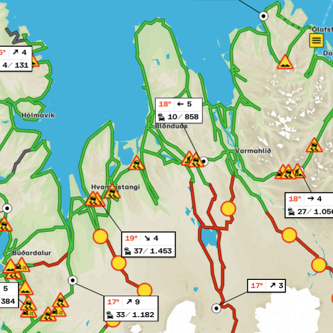 Þau eru víða vi'ðvörunarmerkin hjá Vwgagerðinni vegna bikblæðinga. SKJÁSKOT AF UMFERÐIN.IS