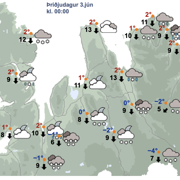 Svona er spákortin á miðnætti aðfaranótt þriðjudags. SKJÁSKOT AF VEÐUR.IS