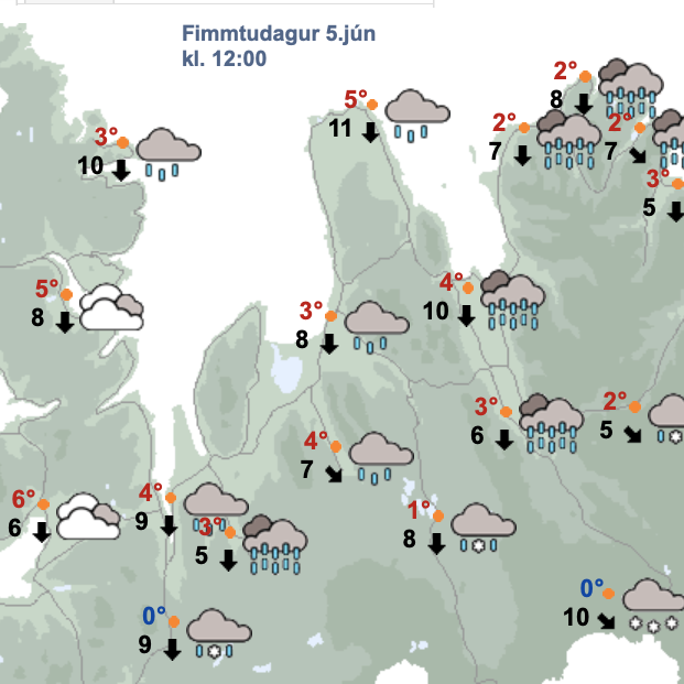 Svona er spáin fyrir hádegið í dag. Það eru einhverjar sólir á spákortinu fyrir hádegið á morgun. SKJÁSKOT AF VEÐUR.IS