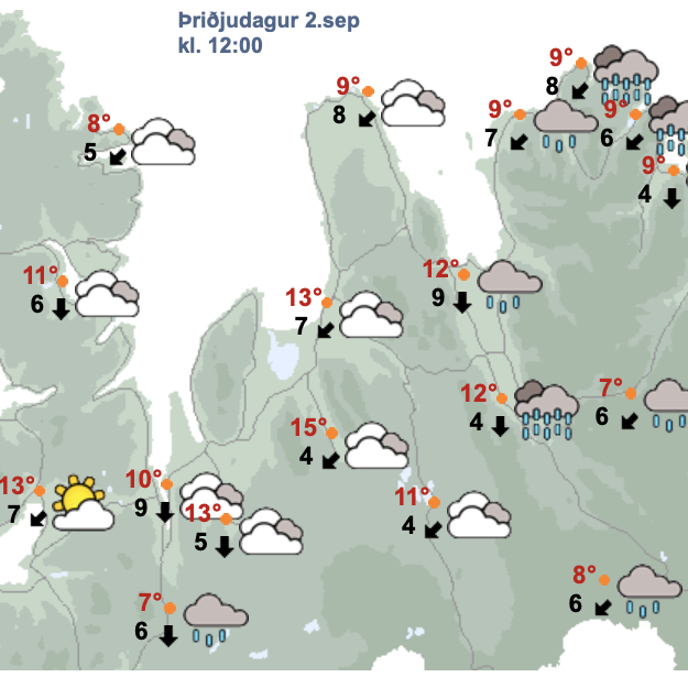 Svona lítur veðurspáin út fyrir hádegið í dag. SKJÁSKOT AF VEÐUR.IS