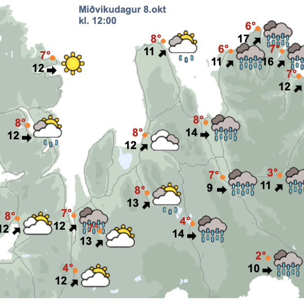 Svona reiknar Veðurstofan með að veðrið verði um hádegi í dag á okkar svæði. SKJÁSKOT AF VEÐUR.IS